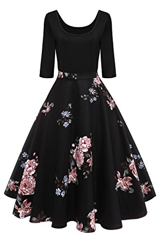 Axoe Damen A-Linie Kleid 60er Jahre Rockabilly mit Blumenrock 3/4 Ärmel Gr.36, Farbe 4, M (38/40 EU) von AXOE