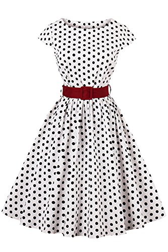 Axoe Damen 50er Jahre Audrey Hepburn Vintage Kleid Rockabilly Cocktail Partykleid Polka Dot- Gr. 4XL (48), Weiß von AXOE