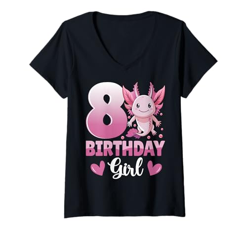 Damen Geburtstag Mädchen Niedlich Axolotl Kinder 8 Jahre alt 8. Geburtstag T-Shirt mit V-Ausschnitt von Axolotl 8th Birthday Gifts Co.