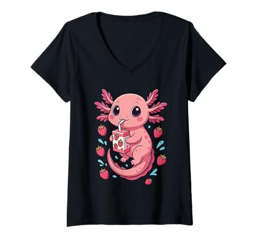 Damen Kawaii Axolotl Trinkerdbeermilch Japanischer Anime-Stil T-Shirt mit V-Ausschnitt von Axolotl Anime Strawberry Milk Pink Japanese Gifts