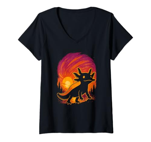Damen Axolotl Sunset Graphic - Fantasy Creature Silhouette Design T-Shirt mit V-Ausschnitt von Axolotl Apparel Co