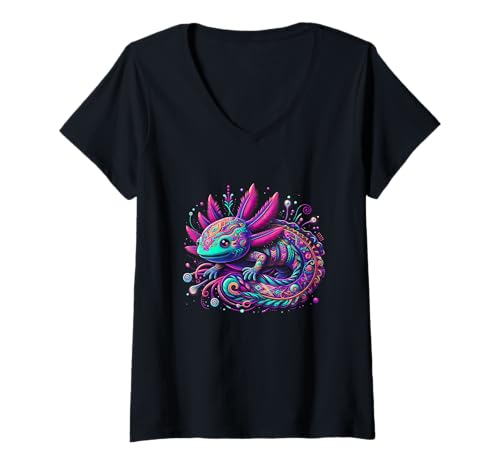 Damen Axolotl Art Aztekischer Mexikanischer Salamander Mexiko Cinco De Mayo T-Shirt mit V-Ausschnitt von Axolotl Aztec Salamander Mexico Cinco De Mayo