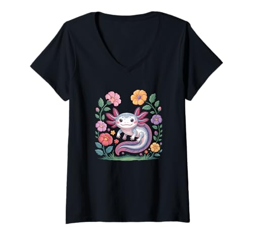 Damen Niedliche Axolotl Retro Blumen Spaß Tier Kunst Ästhetik T-Shirt mit V-Ausschnitt Damen Niedliche Axolotl Retro Blumen Spaß Tier Kunst Ästhetik T-Shirt mit V-Ausschnitt von Axolotl Bloom Studio