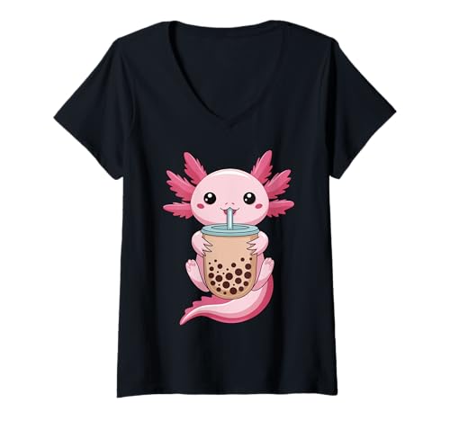 Damen Axolotl Bubble Boba Tea Anime Cute Kawaii Axolotl für Kinder T-Shirt mit V-Ausschnitt von Axolotl Bubble Boba Tea Anime Cute Axolotl Design