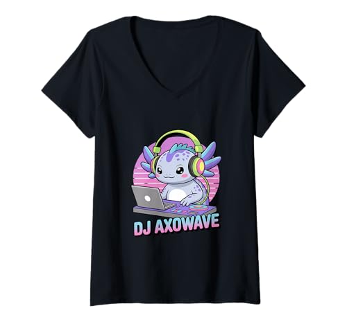 Damen DJ AXOWAVE Axolotl Musik Synthwave Retro Rave T-Shirt mit V-Ausschnitt Damen DJ AXOWAVE Axolotl Musik Synthwave Retro Rave T-Shirt mit V-Ausschnitt von Axolotl DJ Musik EDM Rave Synthwave Retro