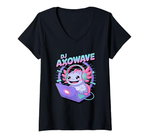 Damen DJ AXOWAVE Axolotl Kopfhörer Laptop Elektro Rave T-Shirt mit V-Ausschnitt Damen DJ AXOWAVE Axolotl Kopfhörer Laptop Elektro Rave T-Shirt mit V-Ausschnitt von Axolotl DJ Musik Elektro Rave Techno Party
