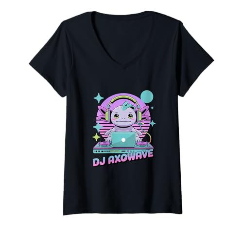 Damen DJ AXOWAVE Axolotl EDM Synthwave Rave Club Beats T-Shirt mit V-Ausschnitt Damen DJ AXOWAVE Axolotl EDM Synthwave Rave Club Beats T-Shirt mit V-Ausschnitt von Axolotl DJ Rave Synthwave Musik Festival Party