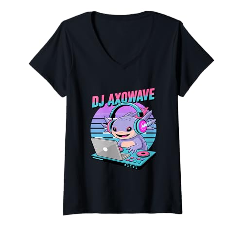 Damen DJ AXOWAVE Axolotl Synthwave Retro Musik Rave T-Shirt mit V-Ausschnitt Damen DJ AXOWAVE Axolotl Synthwave Retro Musik Rave T-Shirt mit V-Ausschnitt von Axolotl DJ Retro Synthwave Rave EDM Musik