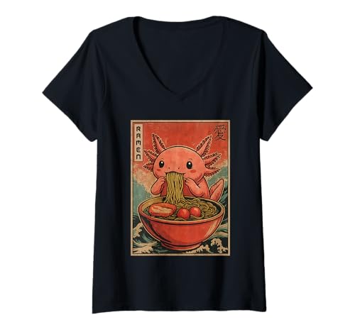 Damen Funny Axolotl Eating Ramen Kawaii Japanese Anime Axolotls T-Shirt mit V-Ausschnitt von Axolotl Eating Ramen Axolotl Graphic Anime Lovers