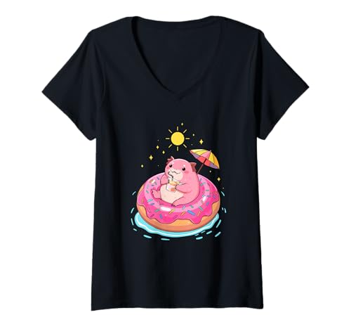 Damen Süßer Tag am Pool mit Axolotl Donut Float im Sommer T-Shirt mit V-Ausschnitt Damen Süßer Tag am Pool mit Axolotl Donut Float im Sommer T-Shirt mit V-Ausschnitt von Axolotl Enjoying Beverage Donut Float