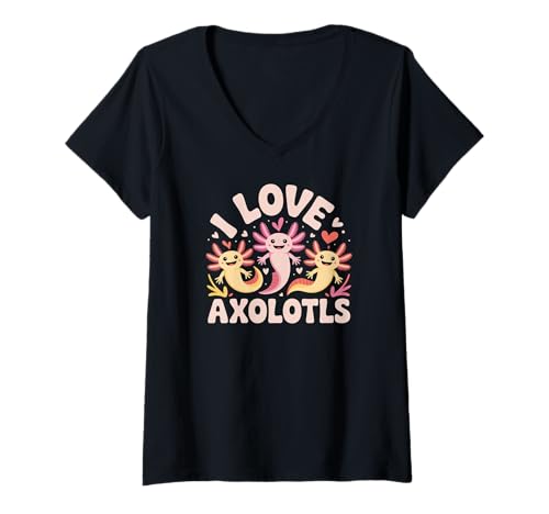 Damen Ich Liebe Axolotls entzückende lächelnde Kreaturen T-Shirt mit V-Ausschnitt Damen Ich Liebe Axolotls entzückende lächelnde Kreaturen T-Shirt mit V-Ausschnitt von Axolotl Enthusiasts Love Water Pets