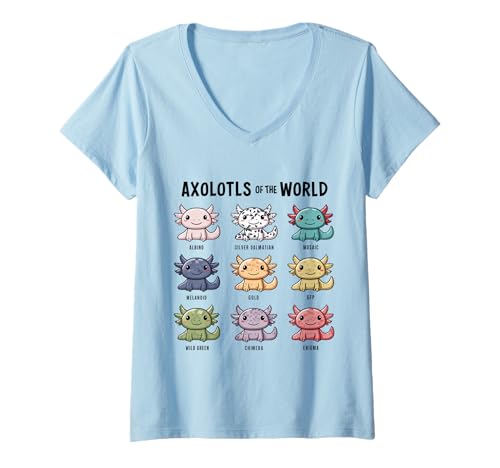 Damen Niedliche Axolotls of the World Adorable Cartoon Design T-Shirt mit V-Ausschnitt von Axolotl Fans and Aquatic Animal Lovers Apparel