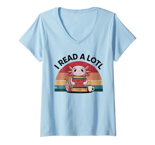 Damen Ich lese viel Axolotl Retro Lustiges Lesen Bücherliebhaber Vintage T-Shirt mit V-Ausschnitt von Axolotl Funny Costume Outfit Adult Youth Gifts