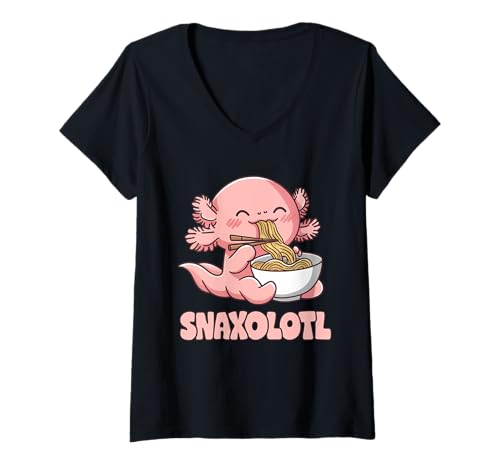 Damen Snaxalotl Essen Ramen Nudel Bogen Snacks Essen Axolotl Kawaii T-Shirt mit V-Ausschnitt von Axolotl Funny Costume Outfit Adult Youth Gifts