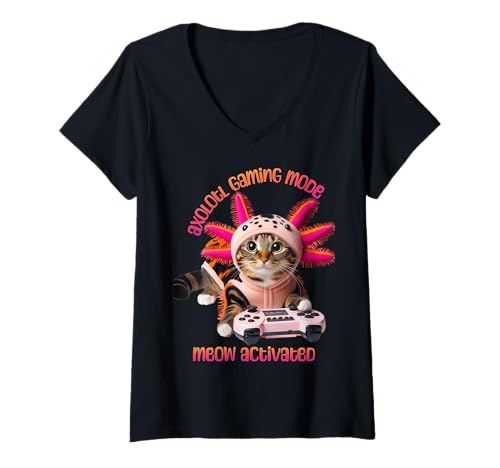Damen Süße Katze Axolotl Lustig Axolotl Cat Gamer Axolotl Gamer Kitty T-Shirt mit V-Ausschnitt von Axolotl Gaming Kitty Axolotl Girls Axolotl Merch