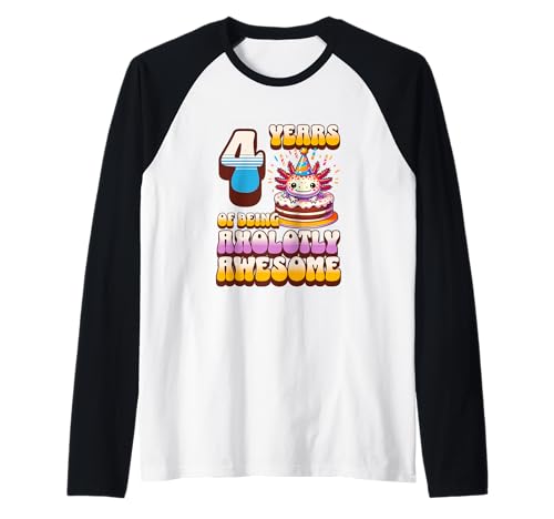 4 Jahre Axolotly Awesome Cute Axolotl 4th Birthday Kids Raglan von Axolotl Kids Birthday Party Apparel Gifts Store