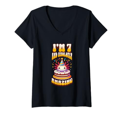 Damen Ich bin 7 und Axolotly Amazing Funny Axolotl Kinder zum 7. Geburtstag T-Shirt mit V-Ausschnitt von Axolotl Kids Birthday Party Apparel Gifts Store
