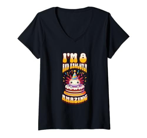 Damen Ich bin 8 und Axolotly Amazing Funny Axolotl Kinder zum 8. Geburtstag T-Shirt mit V-Ausschnitt von Axolotl Kids Birthday Party Apparel Gifts Store