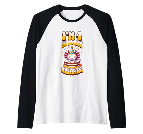 Ich bin 4 und Axolotly Amazing Funny Axolotl Kinder zum 4. Geburtstag Raglan von Axolotl Kids Birthday Party Apparel Gifts Store