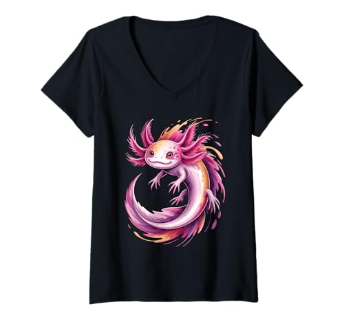 Damen Axolotl Farbspritzer, Poster-Stil, bunt, Kunstgrafik T-Shirt mit V-Ausschnitt Damen Axolotl Farbspritzer, Poster-Stil, bunt, Kunstgrafik T-Shirt mit V-Ausschnitt von Axolotl Lover Apparel & Arts