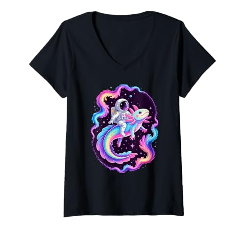 Damen Astronaut Reitet Regenbogen-Galaxie-Axolotl Im Weltall T-Shirt mit V-Ausschnitt von Axolotl Lover Gifts