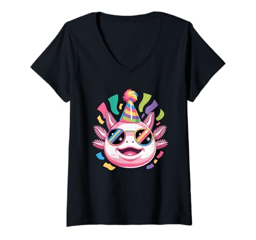 Damen Axolotl Geburtstag Party Hut Sonnenbrille Axolotls T-Shirt mit V-Ausschnitt von Axolotl Lover Gifts