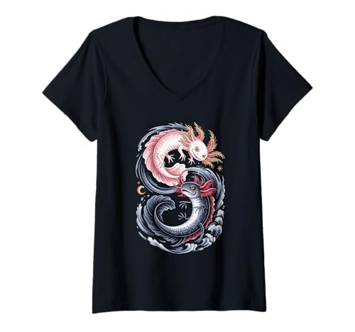 Damen Chinesische Kunst Axolotl Yin und Yang Salamander Axolotls T-Shirt mit V-Ausschnitt von Axolotl Lover Gifts