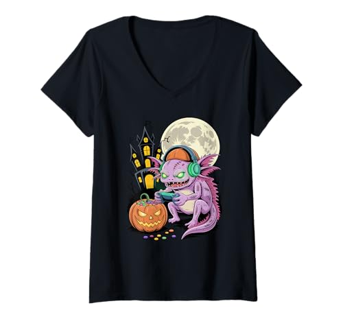 Damen Halloween Axolotl Gamer Spukschloss Videospiel Gaming T-Shirt mit V-Ausschnitt von Axolotl Lover Gifts