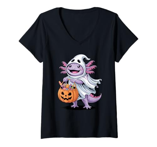 Damen Halloween Axolotl Geist Kürbis Süßes Oder Saures Süßigkeiten T-Shirt mit V-Ausschnitt von Axolotl Lover Gifts