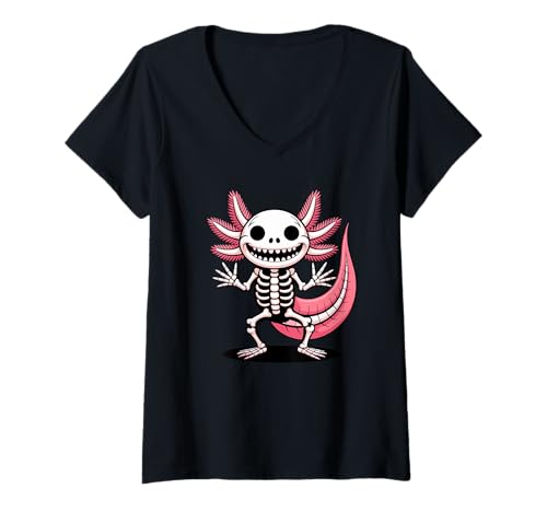Damen Halloween Axolotl Skelett Gruselige Axolotls T-Shirt mit V-Ausschnitt von Axolotl Lover Gifts