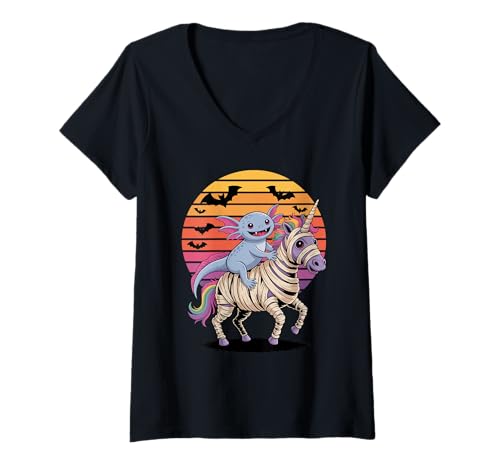 Damen Halloween Mumie Einhorn Axolotl T-Shirt mit V-Ausschnitt von Axolotl Lover Gifts