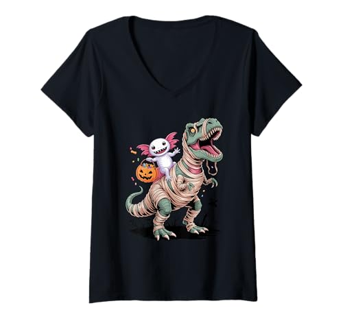 Damen Halloween T-Rex Dinosaurier Axolotl Mumie Tyrannosaurus Rex T-Shirt mit V-Ausschnitt von Axolotl Lover Gifts