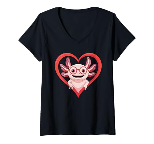 Damen Herz Axolotl Brille Axolotls T-Shirt mit V-Ausschnitt von Axolotl Lover Gifts