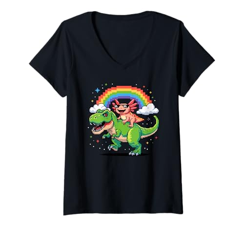 Damen Pixel Stil Kunst Axolotl T-Rex Tyrannosaurus 8 Bit Grafik T-Shirt mit V-Ausschnitt von Axolotl Lover Gifts