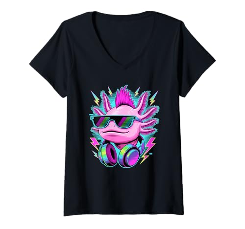 Damen Punk Ära Stil Axolotl Sonnenbrille Salamander Axolotls T-Shirt mit V-Ausschnitt von Axolotl Lover Gifts