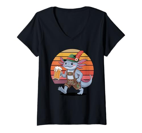 Damen Retro Axolotl Bier Trinken T-Shirt mit V-Ausschnitt von Axolotl Lover Gifts