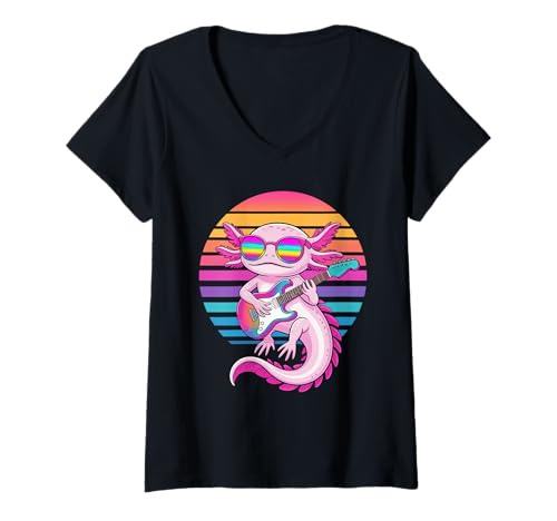 Damen Retro Axolotl Gitarrist Axolotls Gitarre T-Shirt mit V-Ausschnitt von Axolotl Lover Gifts