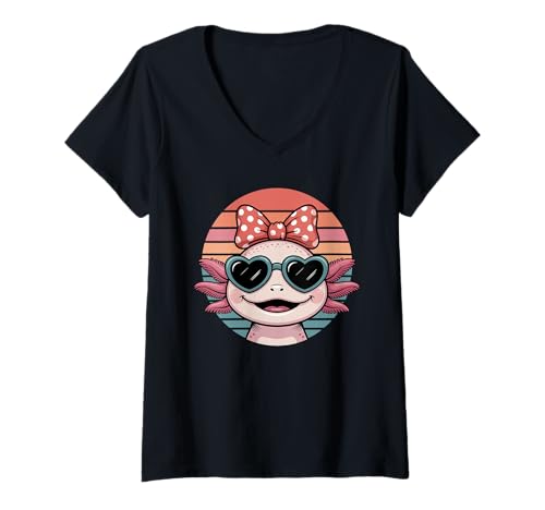 Damen Retro Axolotl Sonnenbrille Axolotls T-Shirt mit V-Ausschnitt von Axolotl Lover Gifts