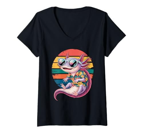 Damen Retro Axolotl Sonnenbrille Hawaii Strand Sommerurlaub T-Shirt mit V-Ausschnitt von Axolotl Lover Gifts