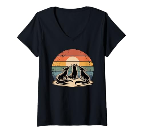 Damen Retro Sonnenuntergang Axolotls Silhouette Axolotl Salamander T-Shirt mit V-Ausschnitt von Axolotl Lover Gifts