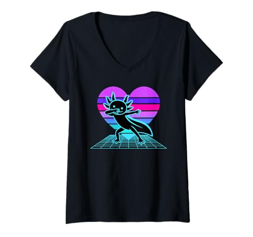 Damen Retrowave Herz Dabbender Axolotl T-Shirt mit V-Ausschnitt von Axolotl Lover Gifts
