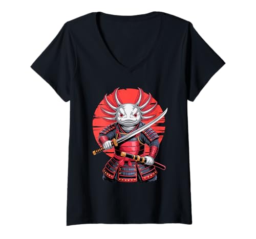 Damen Samurai Axolotl Katana Schwert Salamander Axolotls T-Shirt mit V-Ausschnitt von Axolotl Lover Gifts