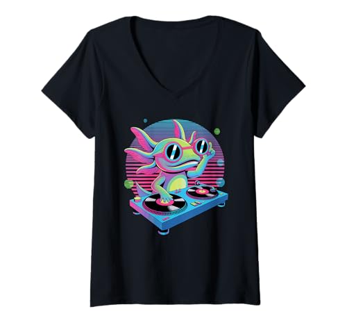 Damen Synthwave Axolotl DJ Sonnenbrille Axolotls T-Shirt mit V-Ausschnitt von Axolotl Lover Gifts