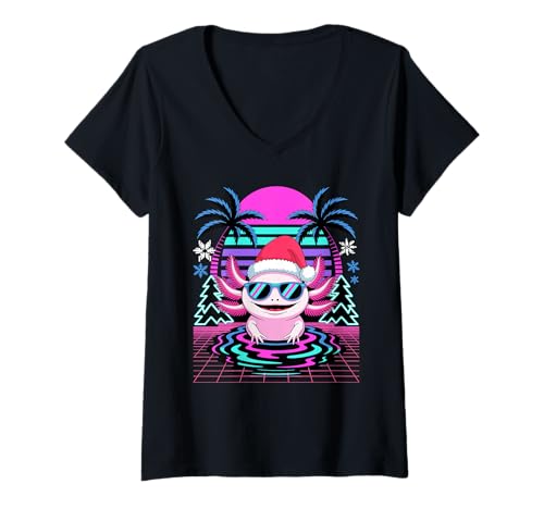 Damen Weihnachten Synthwave Axolotl Sonnenbrille T-Shirt mit V-Ausschnitt von Axolotl Lover Gifts