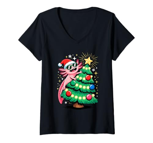 Damen Weihnachtsbaum Axolotl Sonnenbrille Axolotls T-Shirt mit V-Ausschnitt von Axolotl Lover Gifts