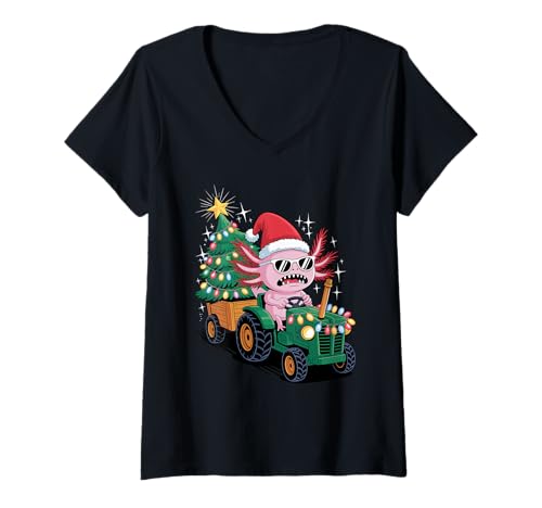 Damen Weihnachtsbaum Traktor Axolotl Sonnenbrille Axolotls T-Shirt mit V-Ausschnitt von Axolotl Lover Gifts