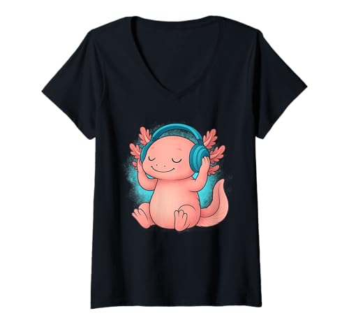Damen DJ Axolotl Kopfhörer Music Lover T-Shirt mit V-Ausschnitt Damen DJ Axolotl Kopfhörer Music Lover T-Shirt mit V-Ausschnitt von Axolotl Lover Tees