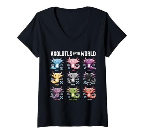 Damen Axolotls of the World Entzückendes buntes Design T-Shirt mit V-Ausschnitt von Axolotl Lovers and Unique Aquatic Creature Fans