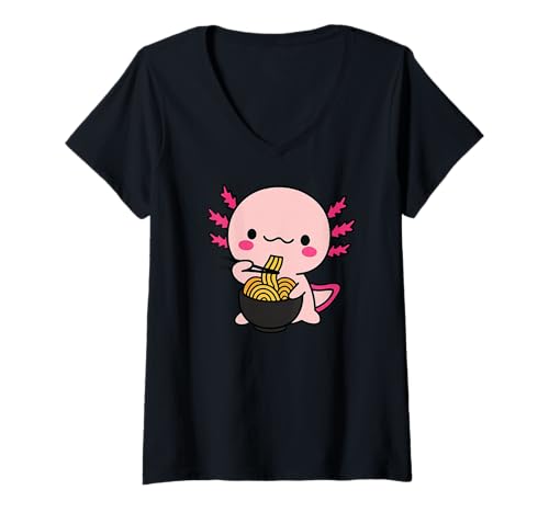 Damen süße Axolotls Essen Nudel T-Shirt mit V-Ausschnitt von Axolotl Mama Messy Bun Tee