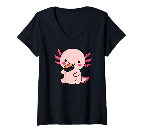 Damen süße Axolotls Essen Sushi T-Shirt mit V-Ausschnitt von Axolotl Mama Messy Bun Tee